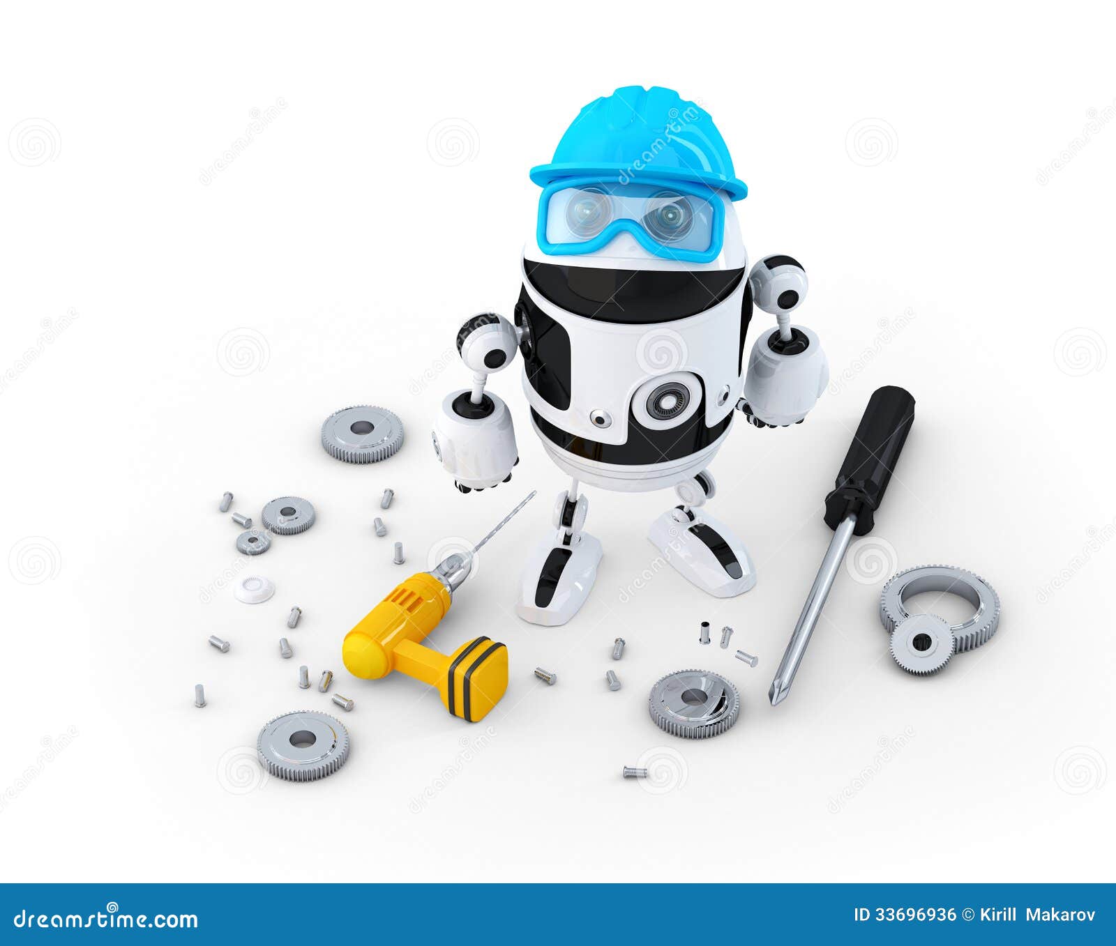 Robot Construction Worker with Various Tools. Technology Concept Stock