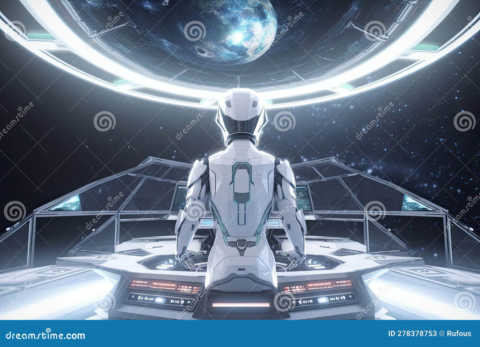 Robot Cyborg Dans La Salle De Contrôle Volant Un Vaisseau Blanc