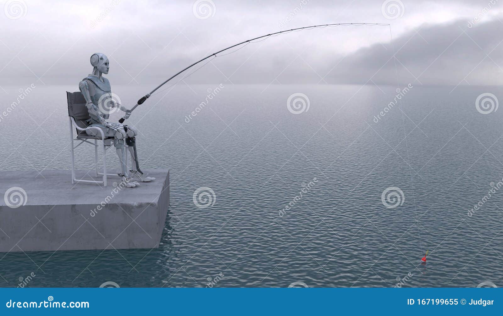 The Robot is Fishing with a Fishing Rod at Sea. Future Concept