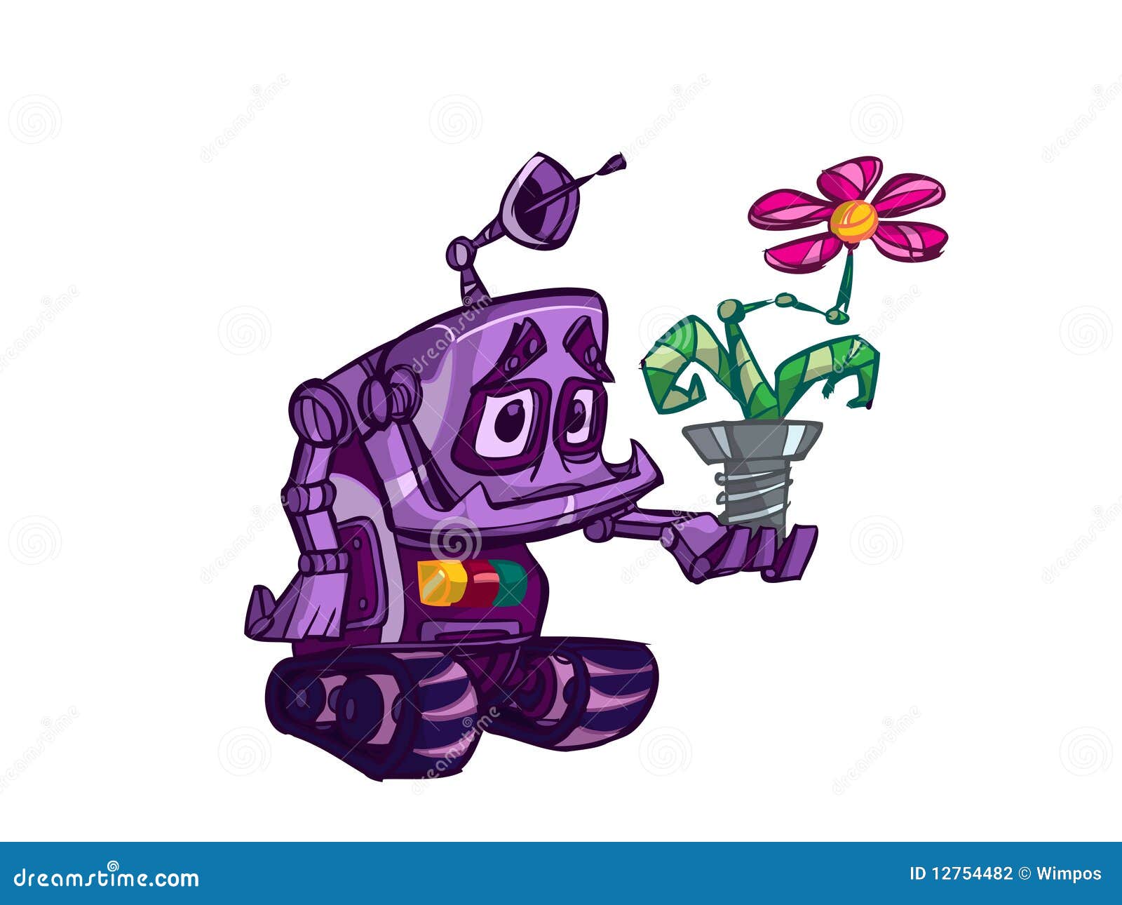 Robot with flower stock illustration. Illustration machine - 12754482