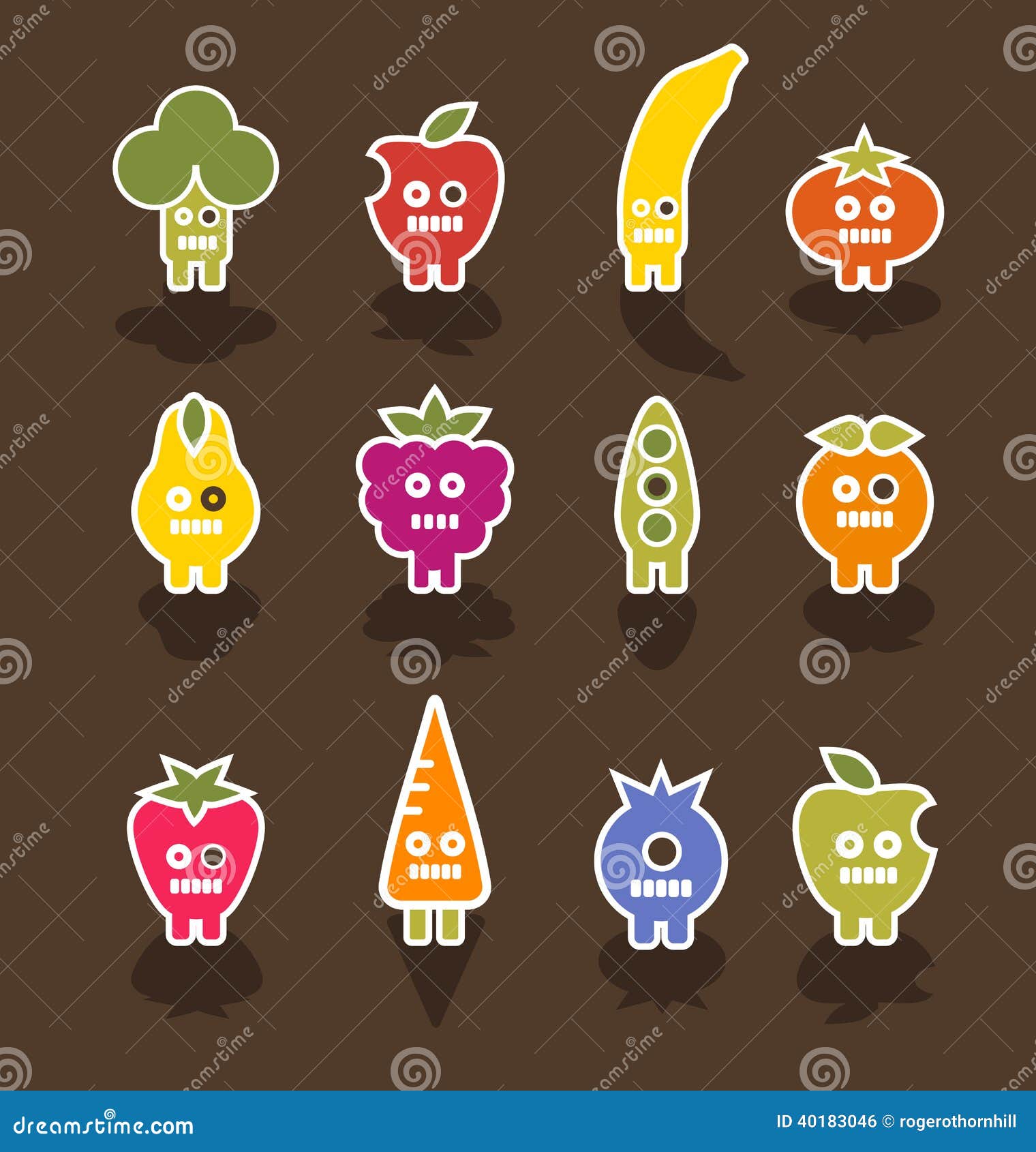 Robot Fruit and Vegetable Icon Characters Stock Vector Illustration