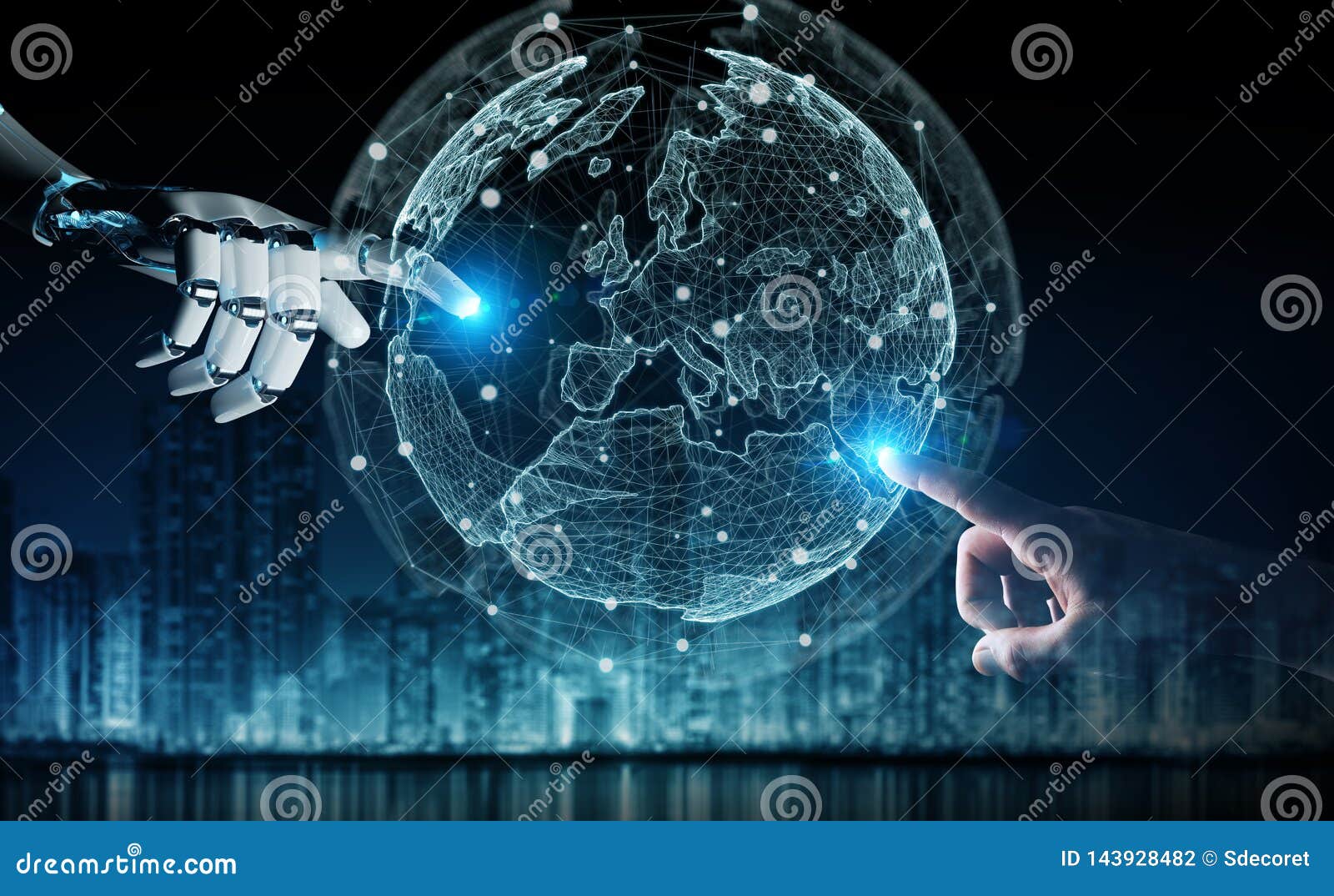 Robot Hand and Human Hand Touching Digital World 3D Rendering Stock Illustration Illustration