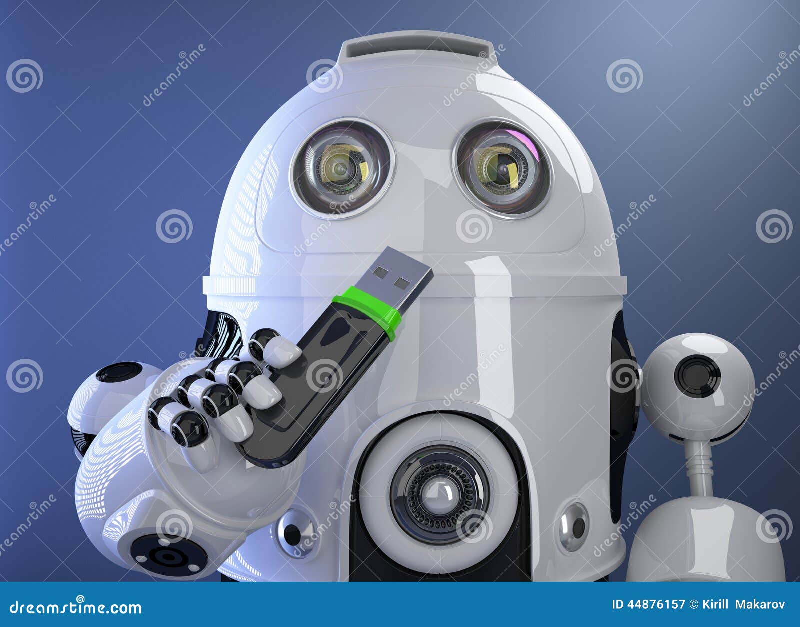 robot holding usb memory stick. contains clipping path