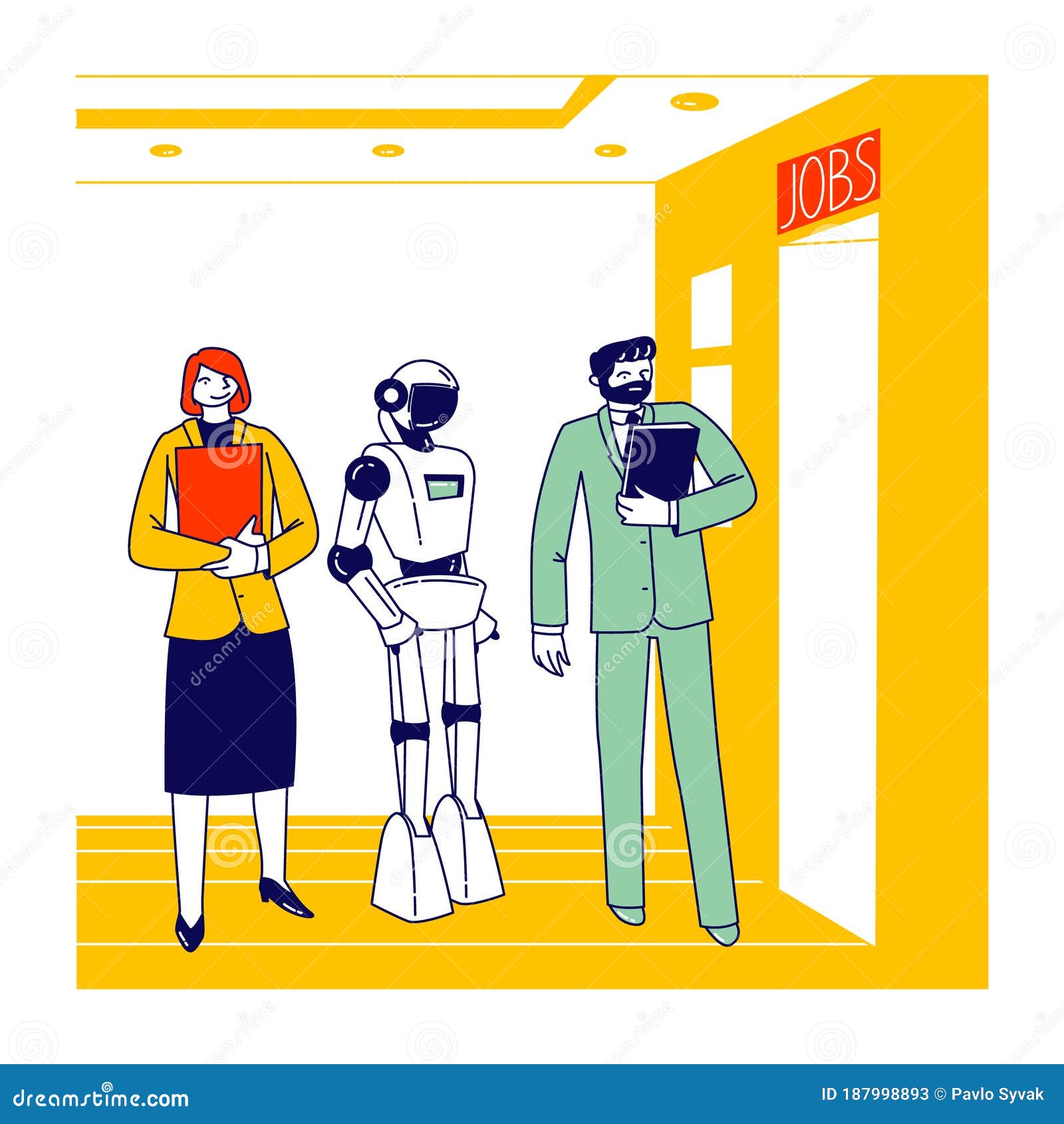 Robot and Human Competition. Job Seekers Characters and Cyborg Waiting Work  Interview at Office Hall Stock Vector - Illustration of linear, online:  187998893