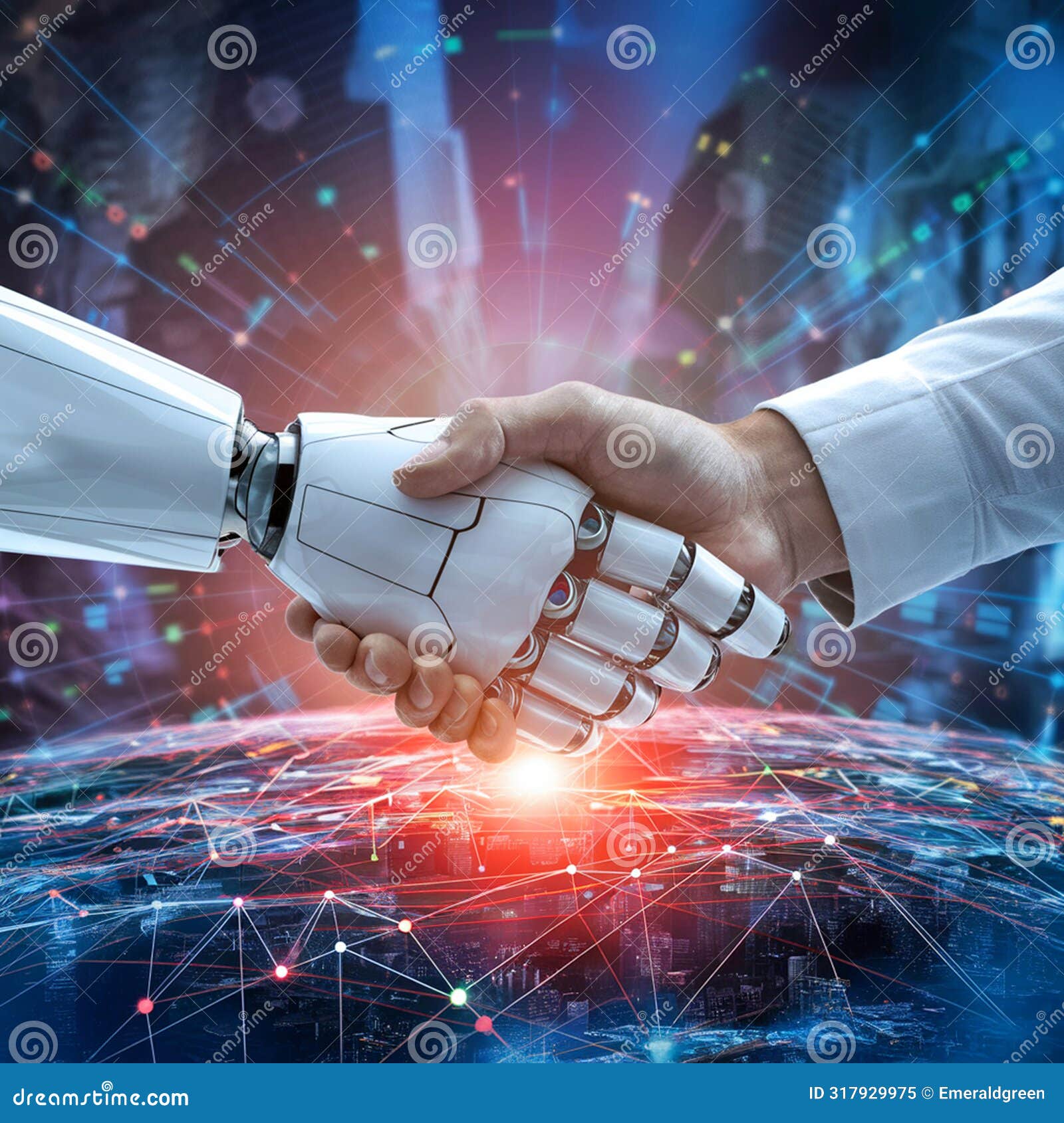 robot and human handshake representing mankinds relationship with artificial inteligence set against a high tech background