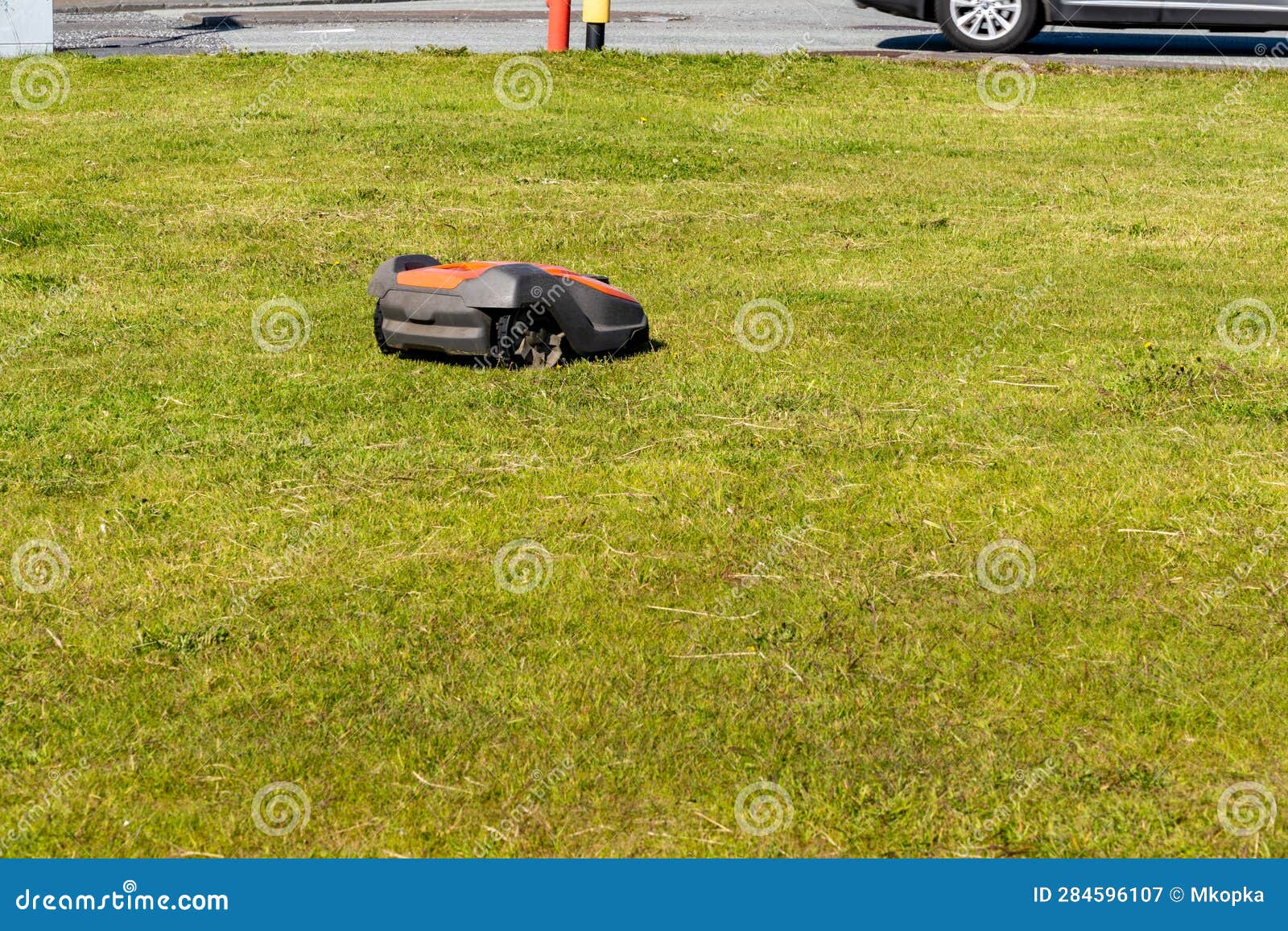 Robot Lawn Mower Mows the Grass in a City Park Stock Image Image of