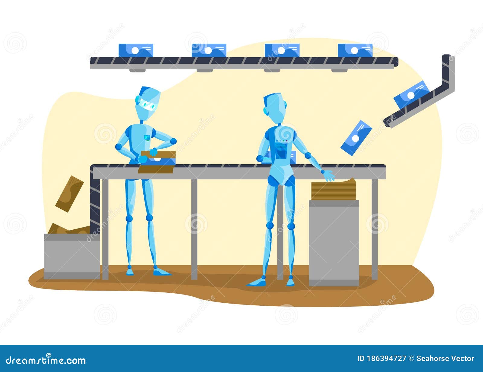 Robot and People Vector Illustration, Cartoon Flat Machine Working on  Conveyor Belt, Packing Products from Transporter Stock Vector -  Illustration of automatic, engineering: 186394727