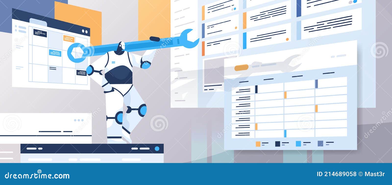 Robot Programmer Holding Wrench Robotic Developer Optimizes Software Engineering Coding