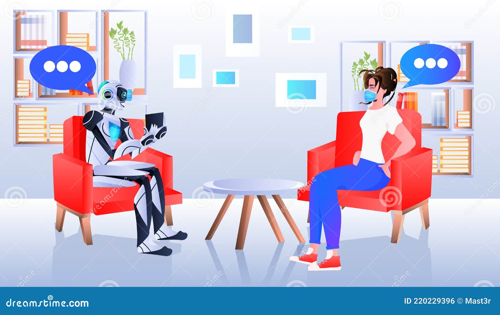 robot psychologist discussing with woman patient in mask psychotherapeutic counseling psychotherapy session