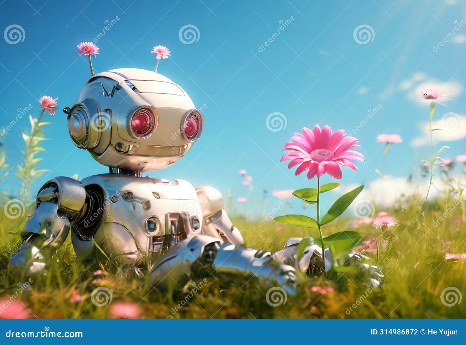 robot in reverie: digital artwork of machine embracing nature