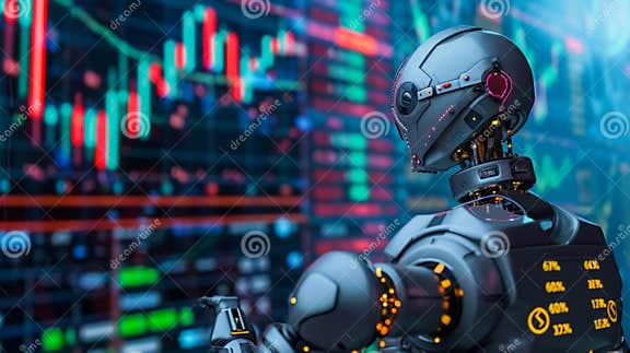 Robot Standing in Front of Stock Market Stock Photo - Image of data