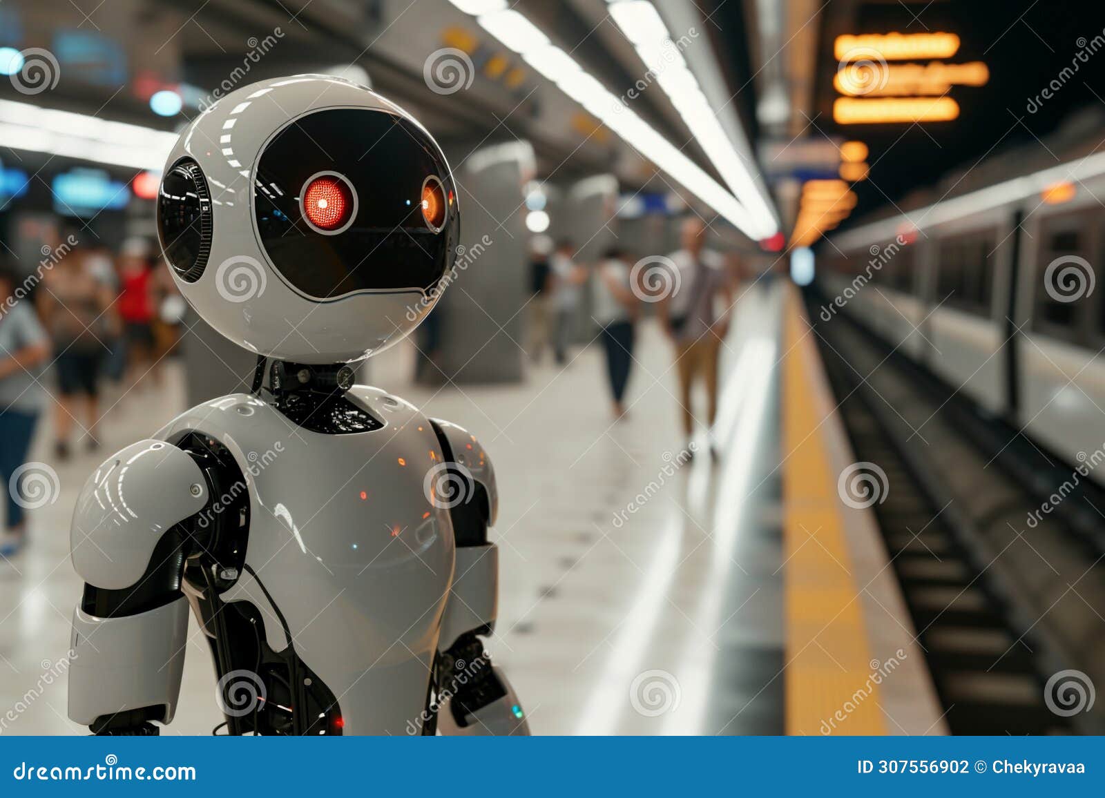 the robot standing in the subway on blurred background. artificial intelect in future life.