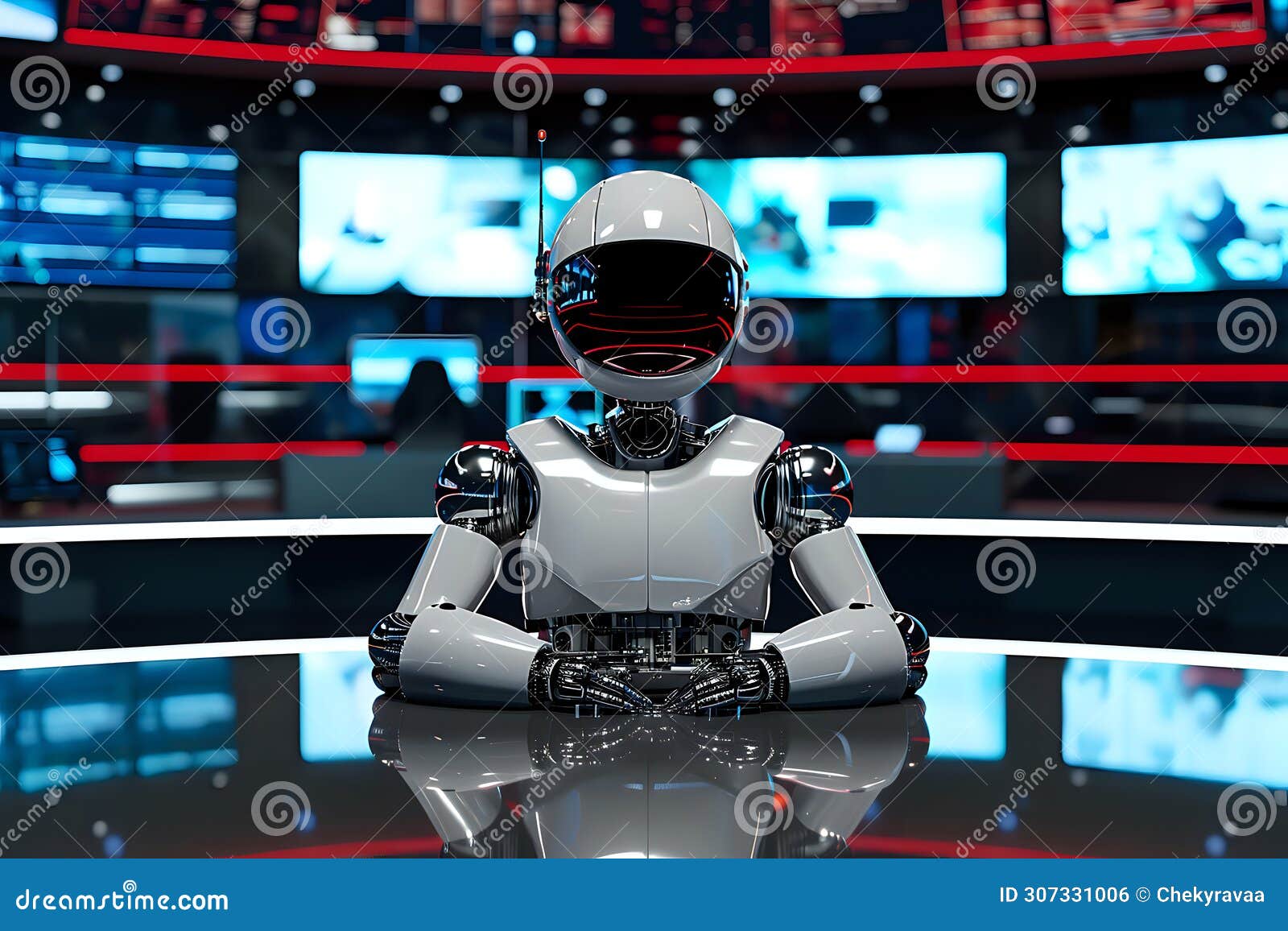 robot stands in the modern news studio on blurred background. artificial intelect in future life