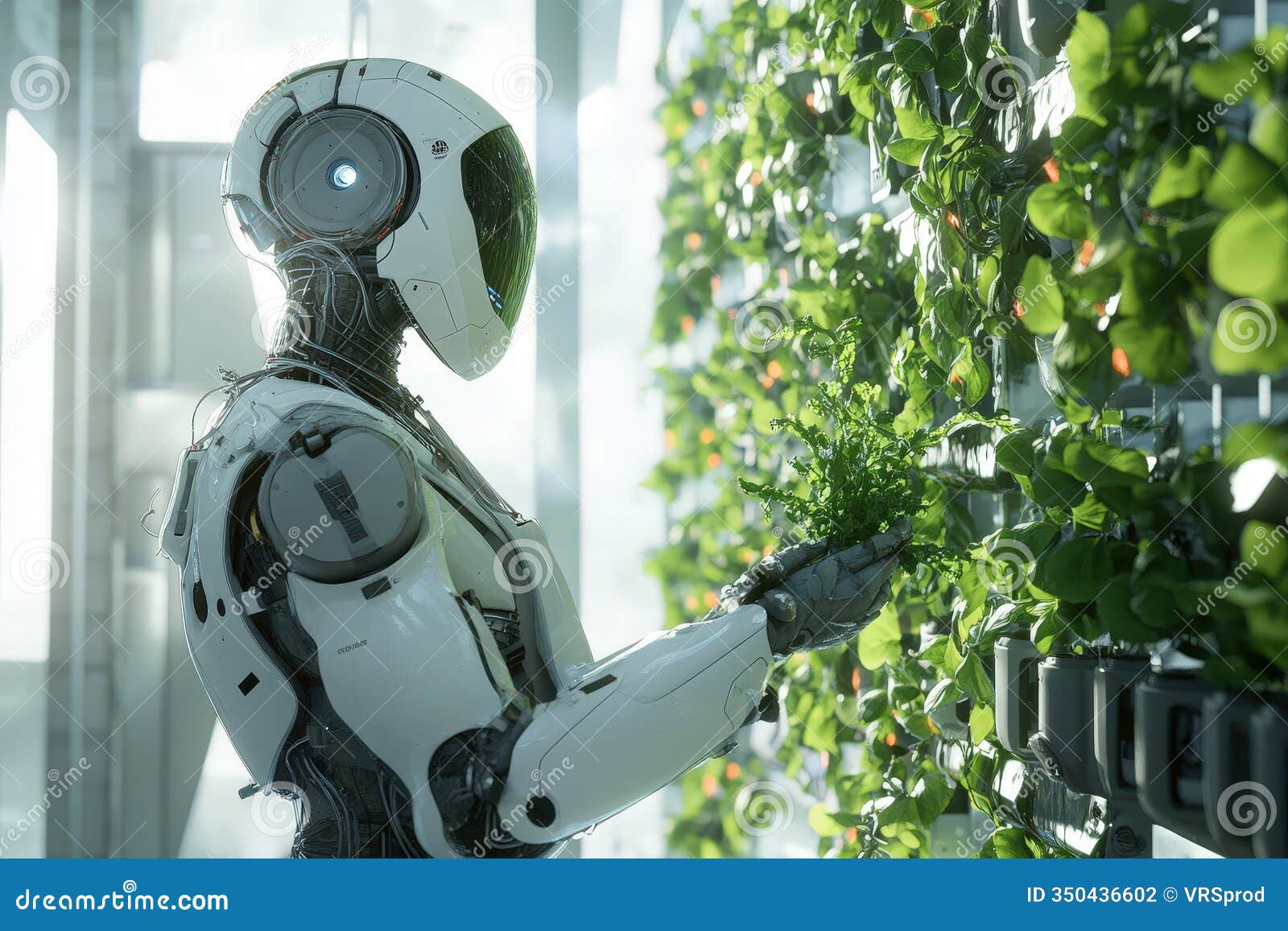 robot tending to plants in futuristic greenhouse