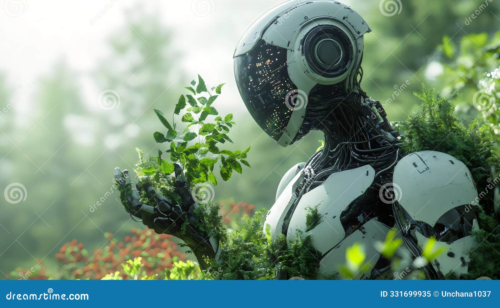a robot with tree sprouts growing out on it, the concept of reviving the earth's natural resources. generative ai