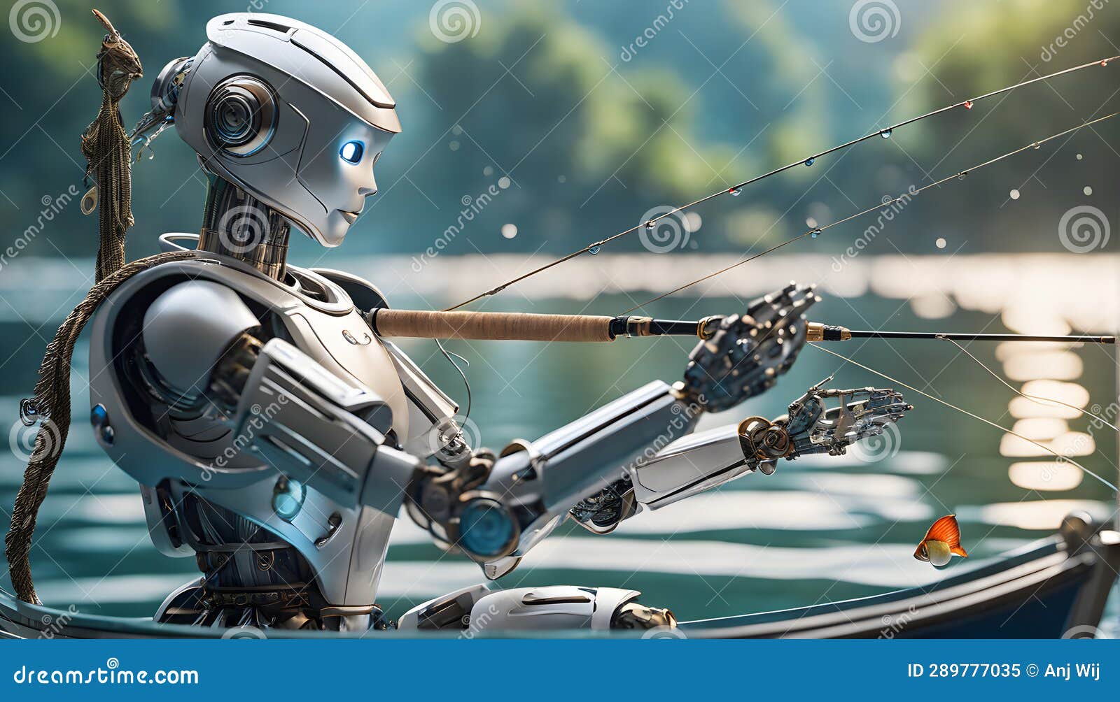 The Robot is Using a Fishing Rod from the Boat Stock Illustration