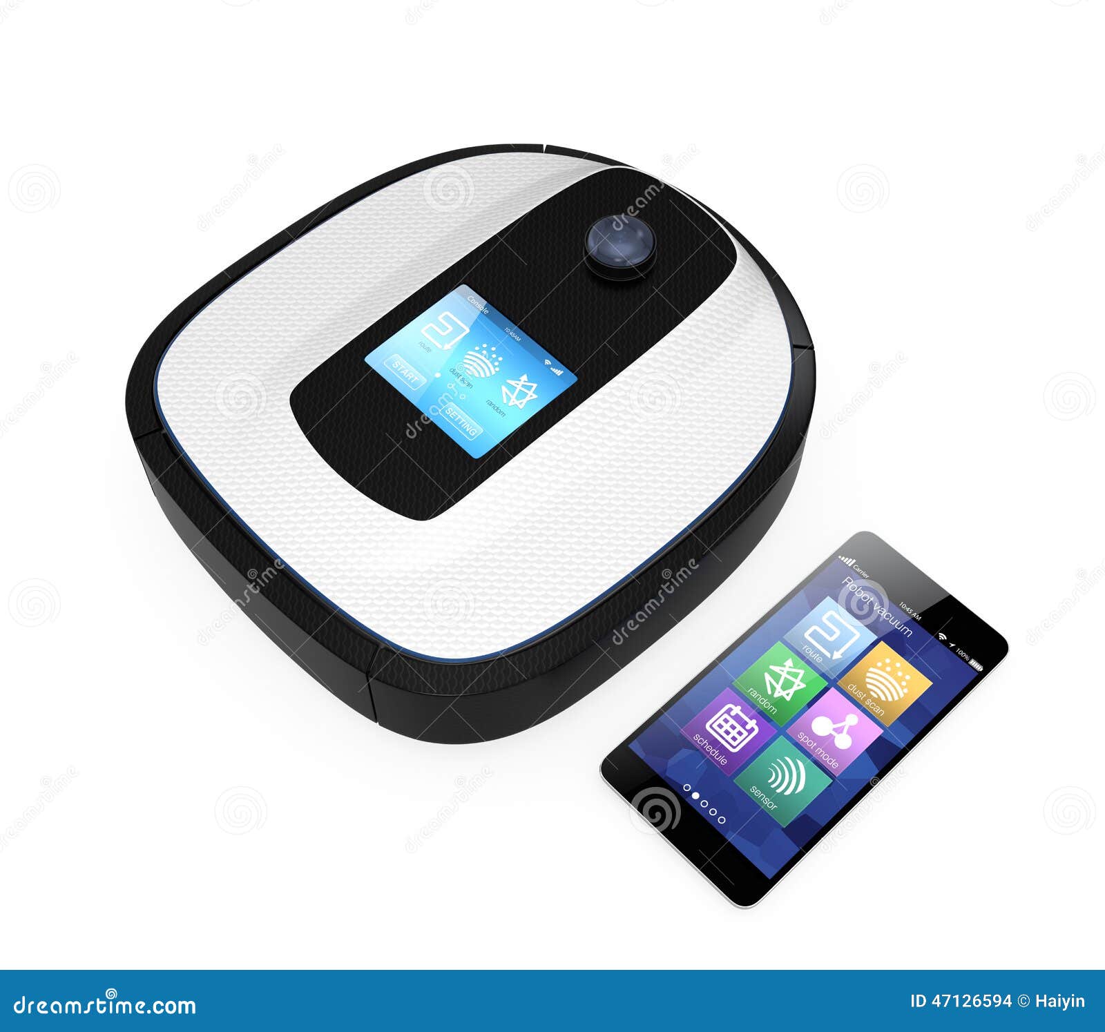 robot vacuum cleaner smart phone isolated white background iot internet things concept 47126594