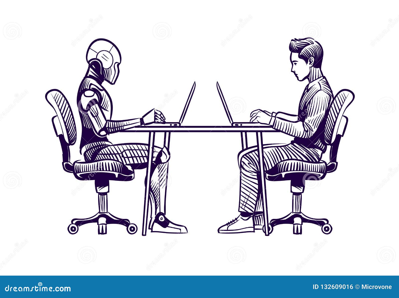 Robot Vs Man Human Humanoid Robot Work With Laptops At Desk Artificial Intelligence Employees Replacement Sketch Stock Vector Illustration Of Intelligence Businessman Robot Vs Man Human Humanoid Robot Work With Laptops At Desk Artificial Intelligence Employees Replacement Sketch Stock Vector Illustration Of Intelligence Businessman