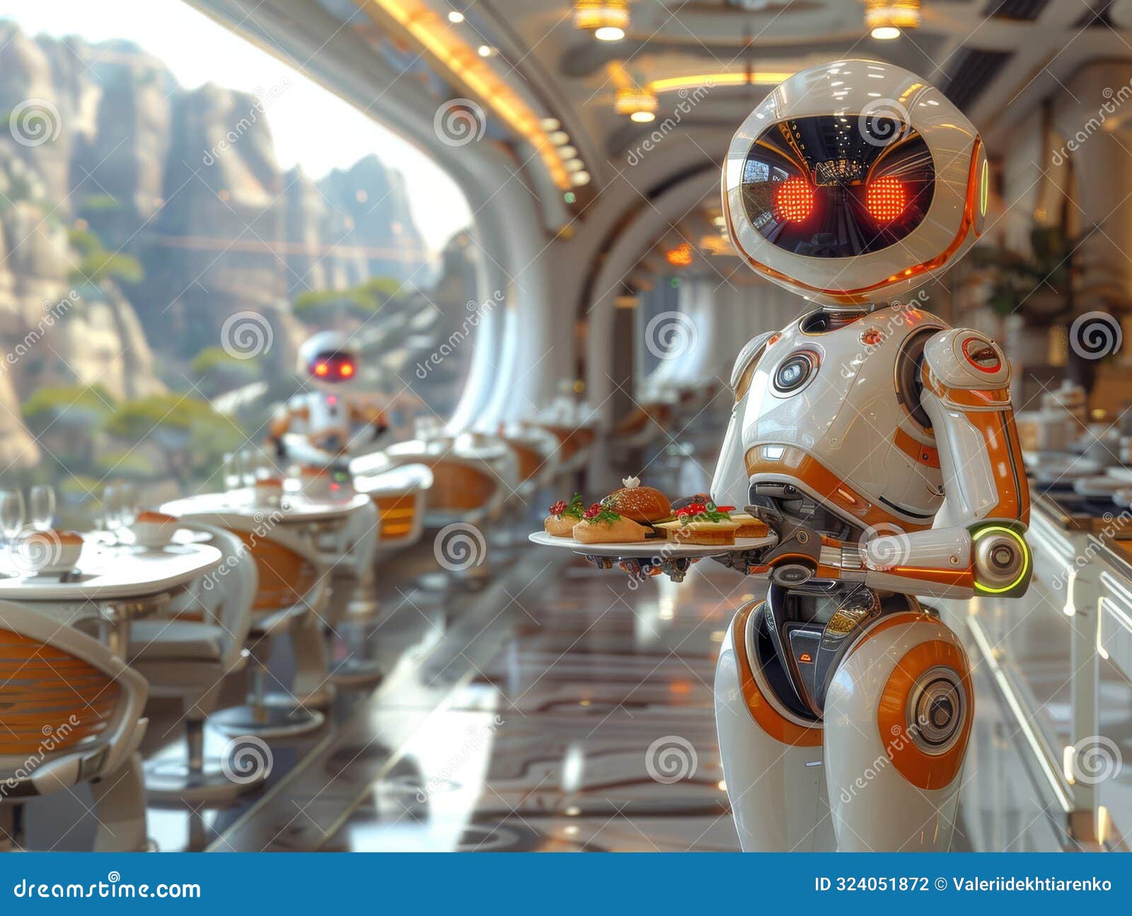 robot waiter in a futuristic dining hall with scenic views