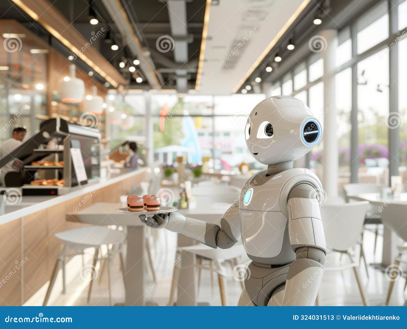 robot waiter serving cupcakes in a bright, modern cafe