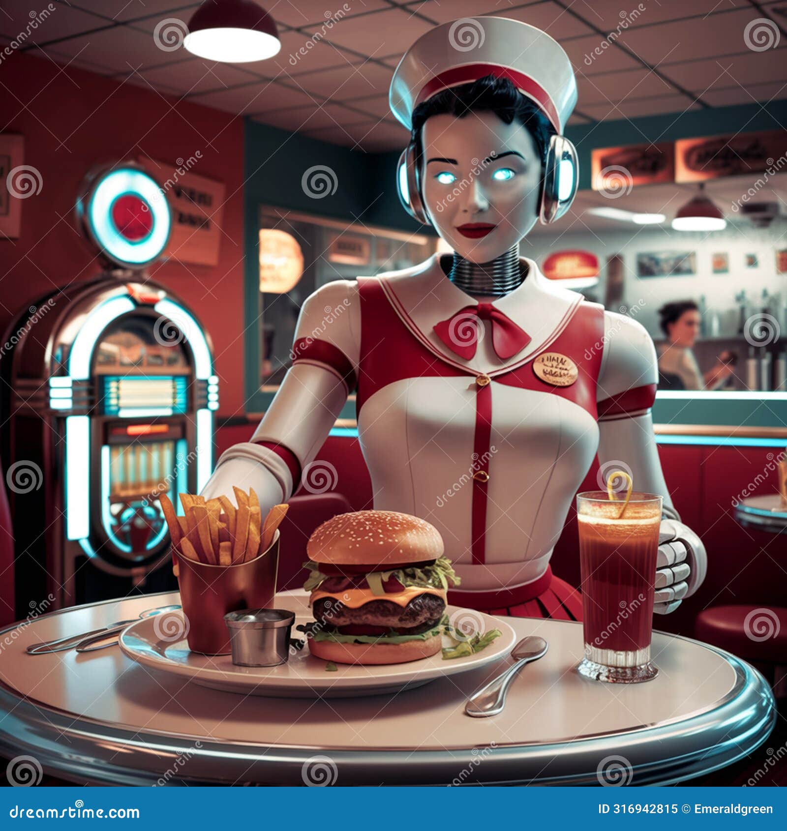 robot waitress in 50's retro diner