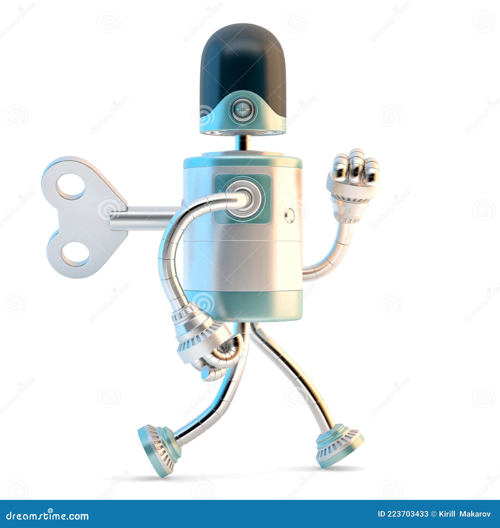 Robot Walking with Wind Up Key in His Back. 3D Illustration Stock