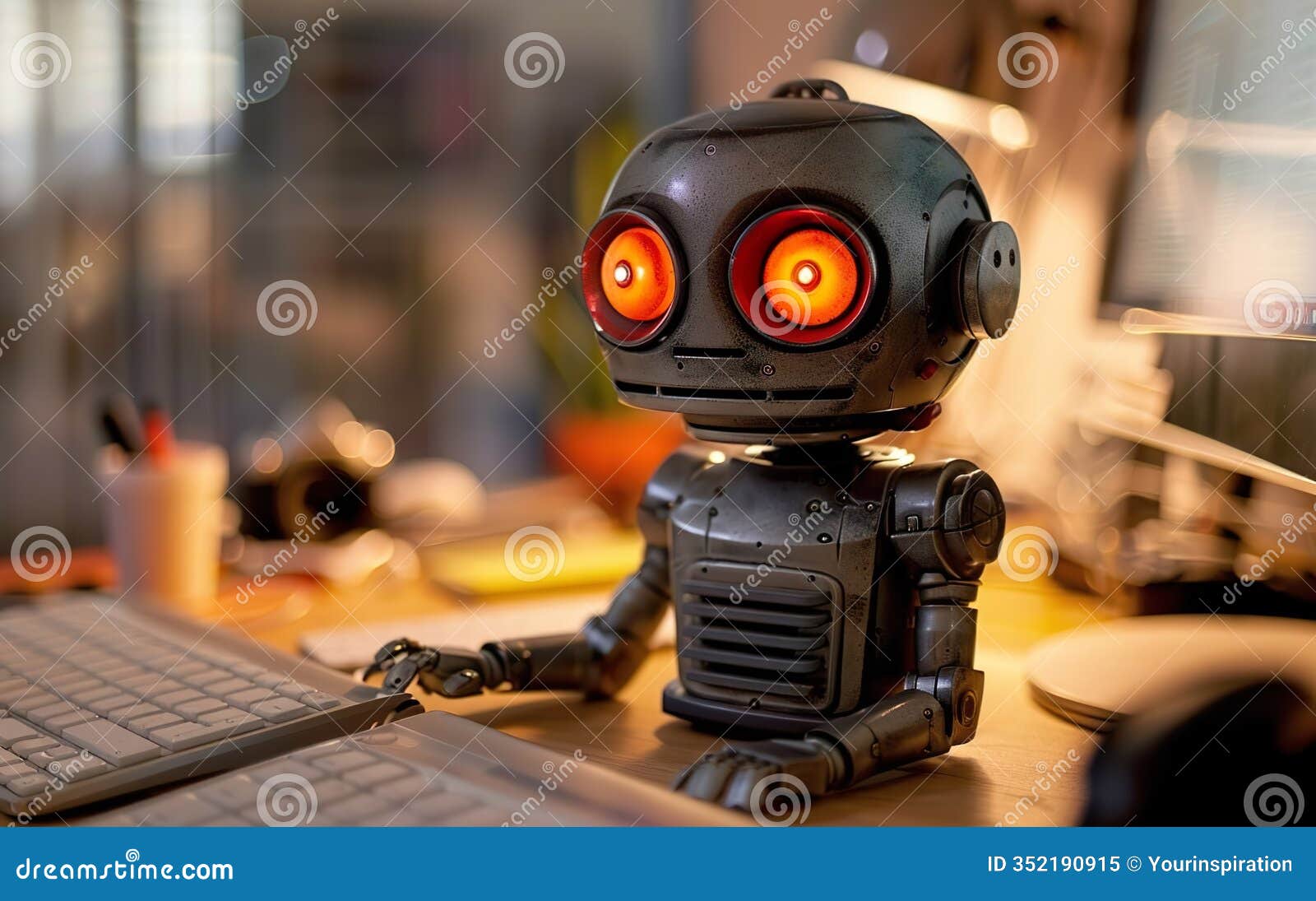 robot working on computer, copy space, blur. ai centered world concept. automation, robotics, machine learning, artificial