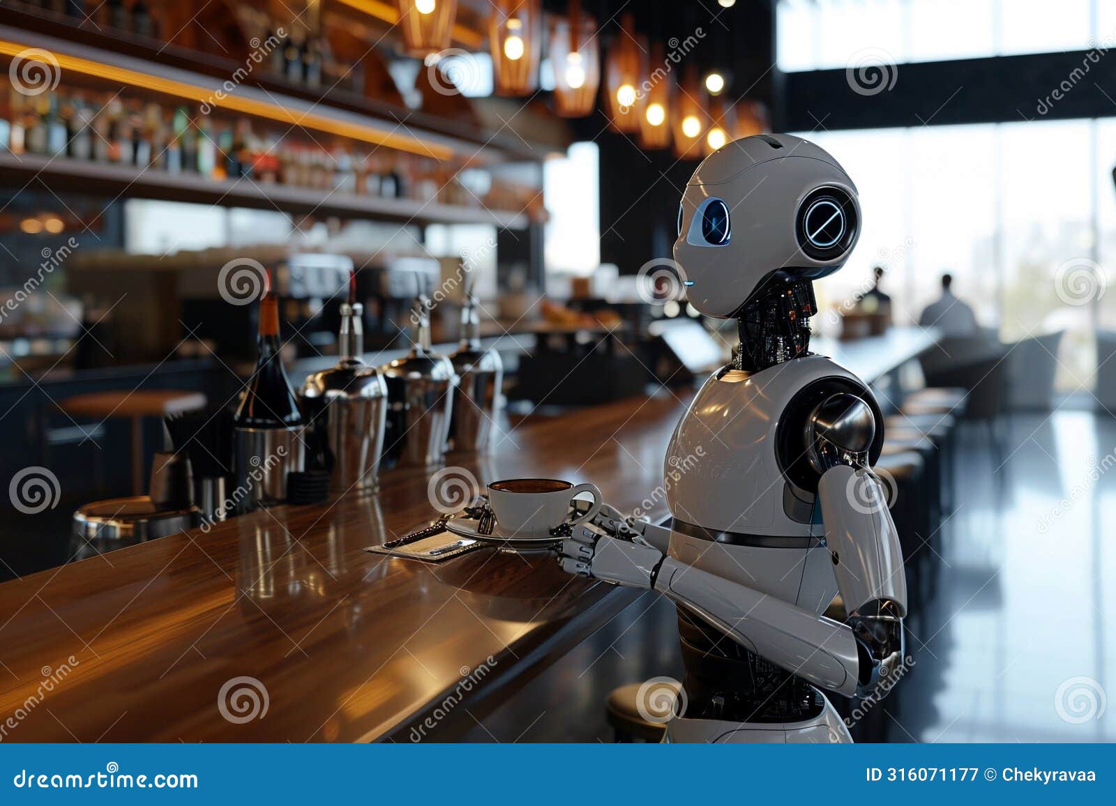 robot works as a waiter in the modern nice cafe, blurred background. artificial intelect in future life