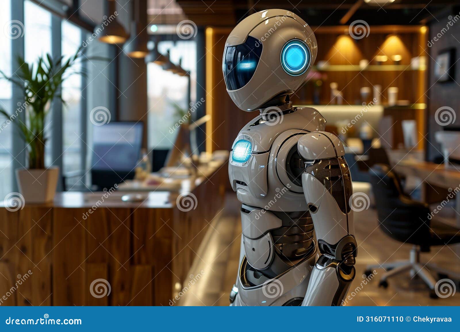 robot works in the office, with laptop, blurred background. artificial intelect in future life.