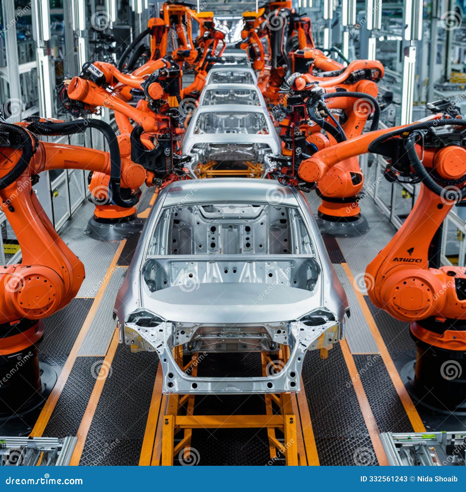 robotic arms assemble a car frame in a modern factory.