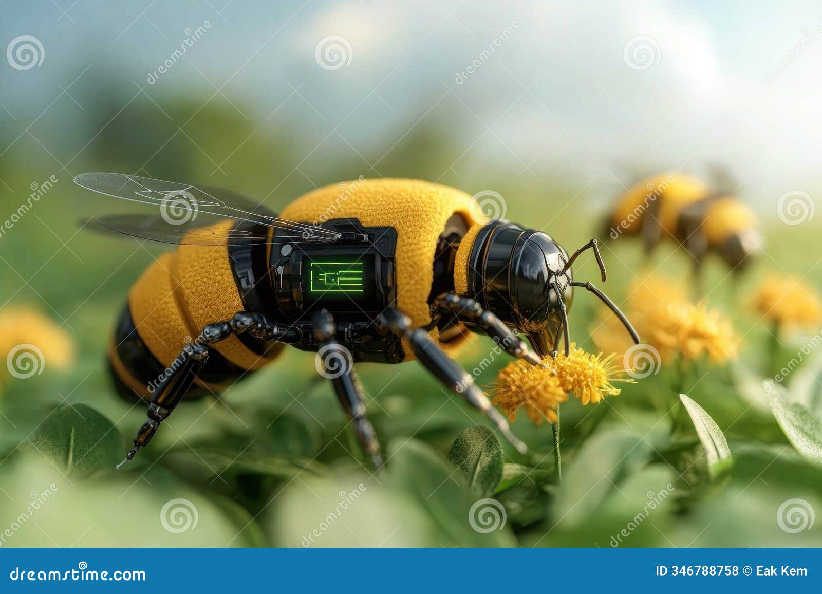 robotic bees pollinating flowers in a lush green meadow a glimpse into the future of sustainable agriculture and ecosystem