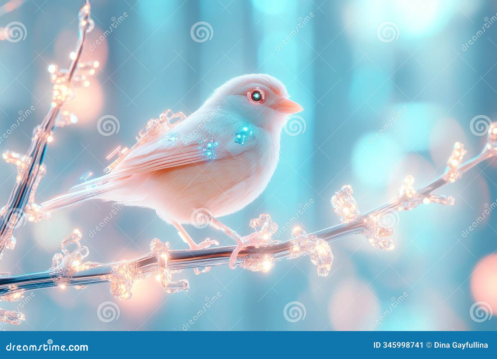 a robotic bird perched on a branch with glowing details, set against a futuristic urban background.