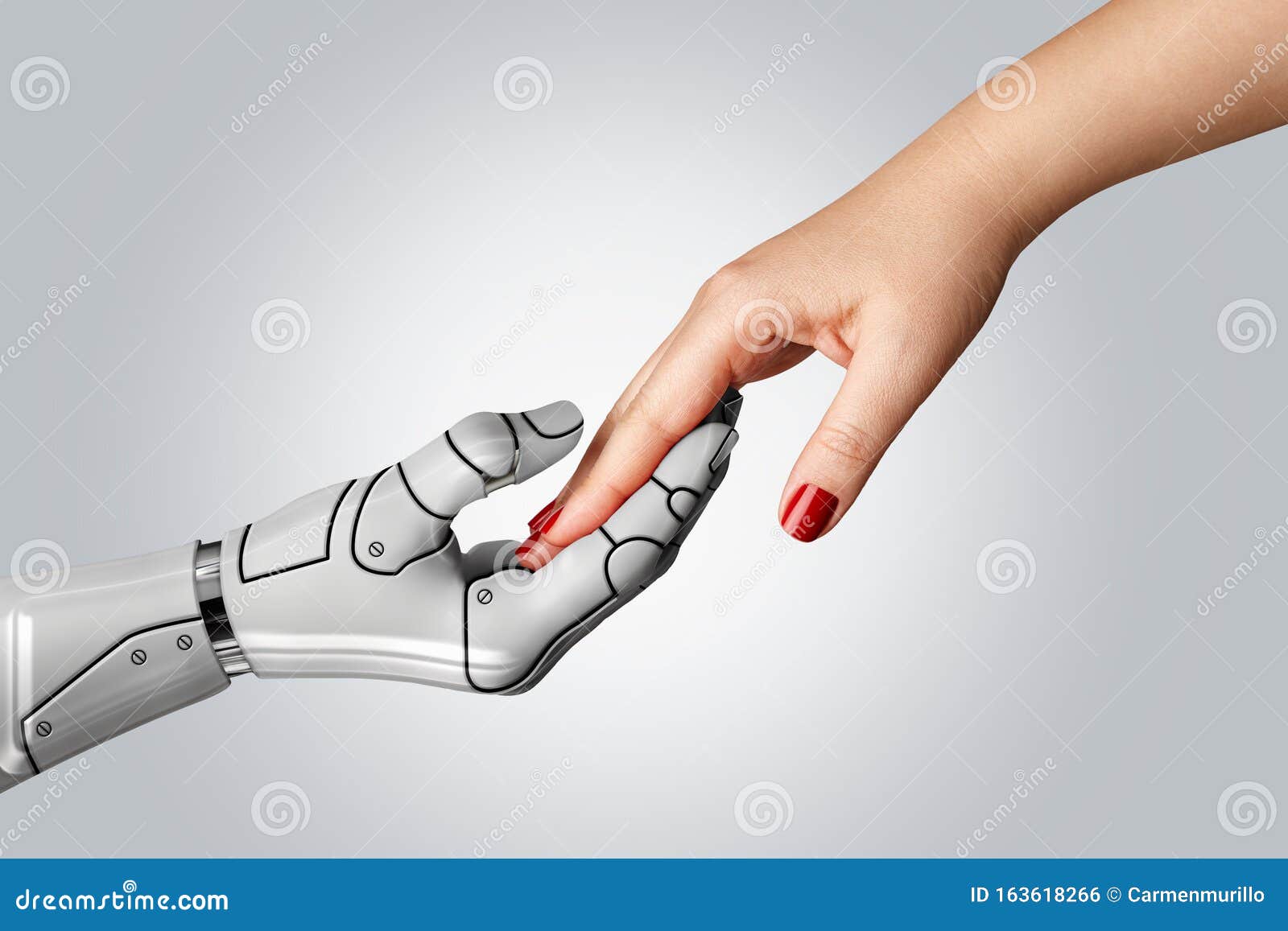 robotic cyborg hand holding female human hand