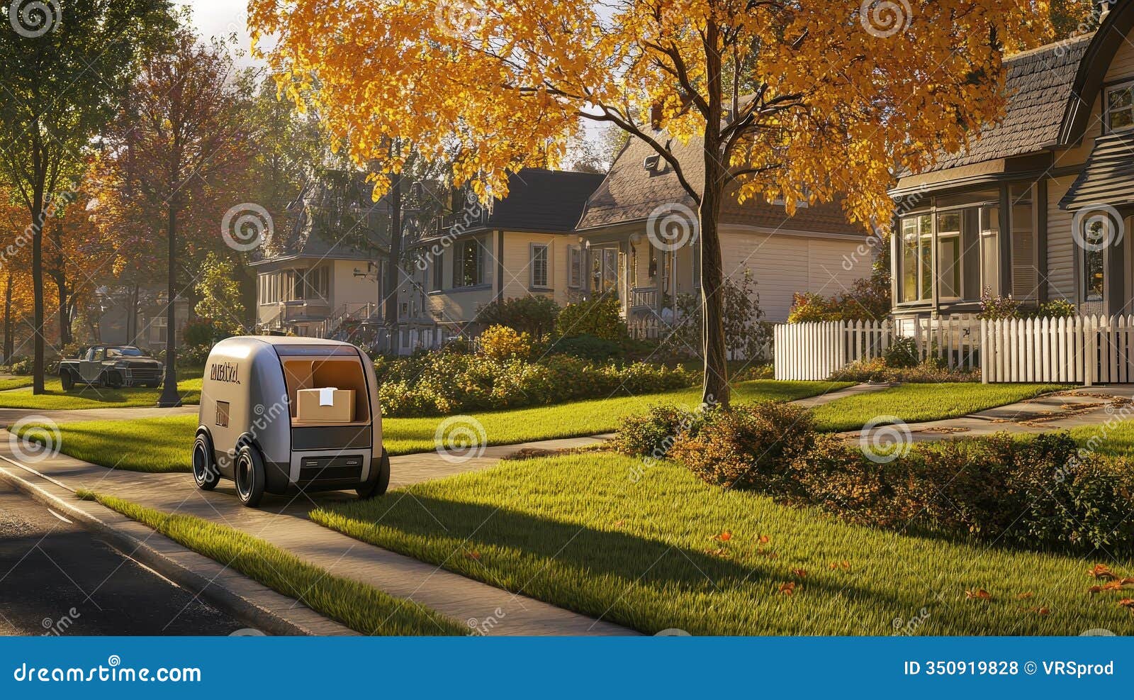 robotic delivery vehicle in a vibrant autumn suburb