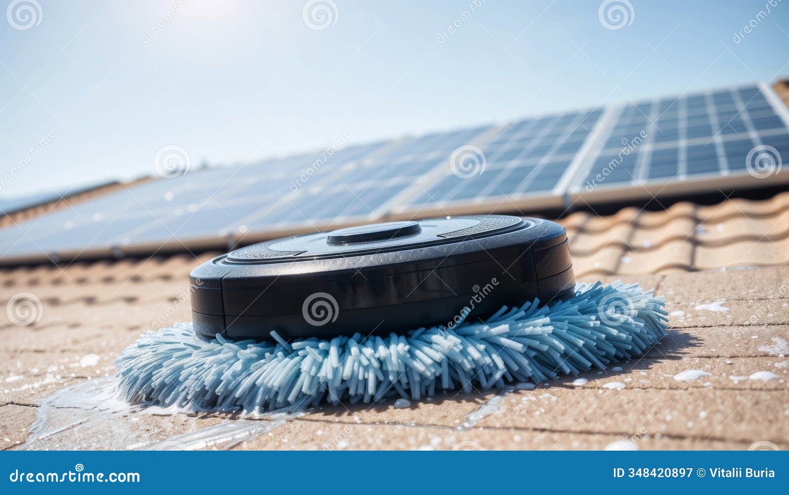 robotic device cleaning solar panels on rooftop, generative ai