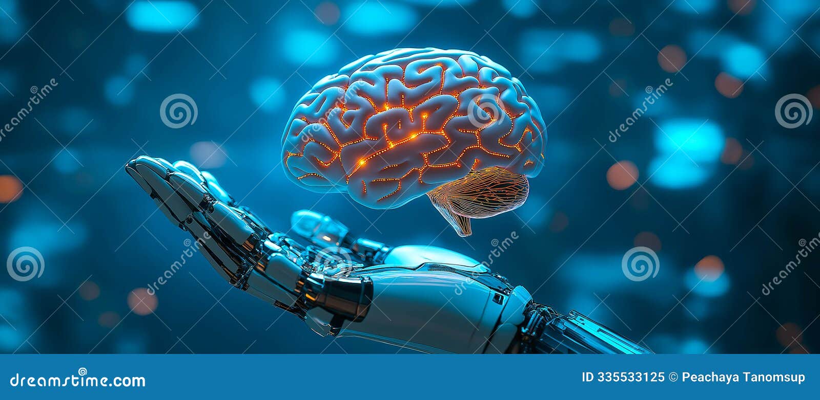 a robotic hand gently cradles a glowing brain with the shimmering neural network. generative ai