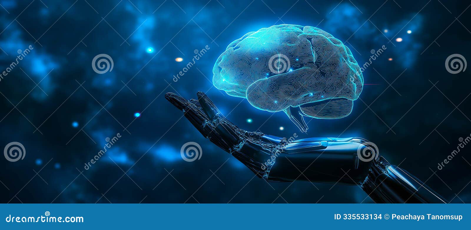 a robotic hand gently cradles a glowing brain with the shimmering neural network. generative ai