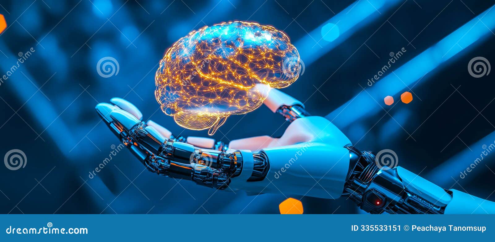 a robotic hand gently cradles a glowing brain with the shimmering neural network. generative ai