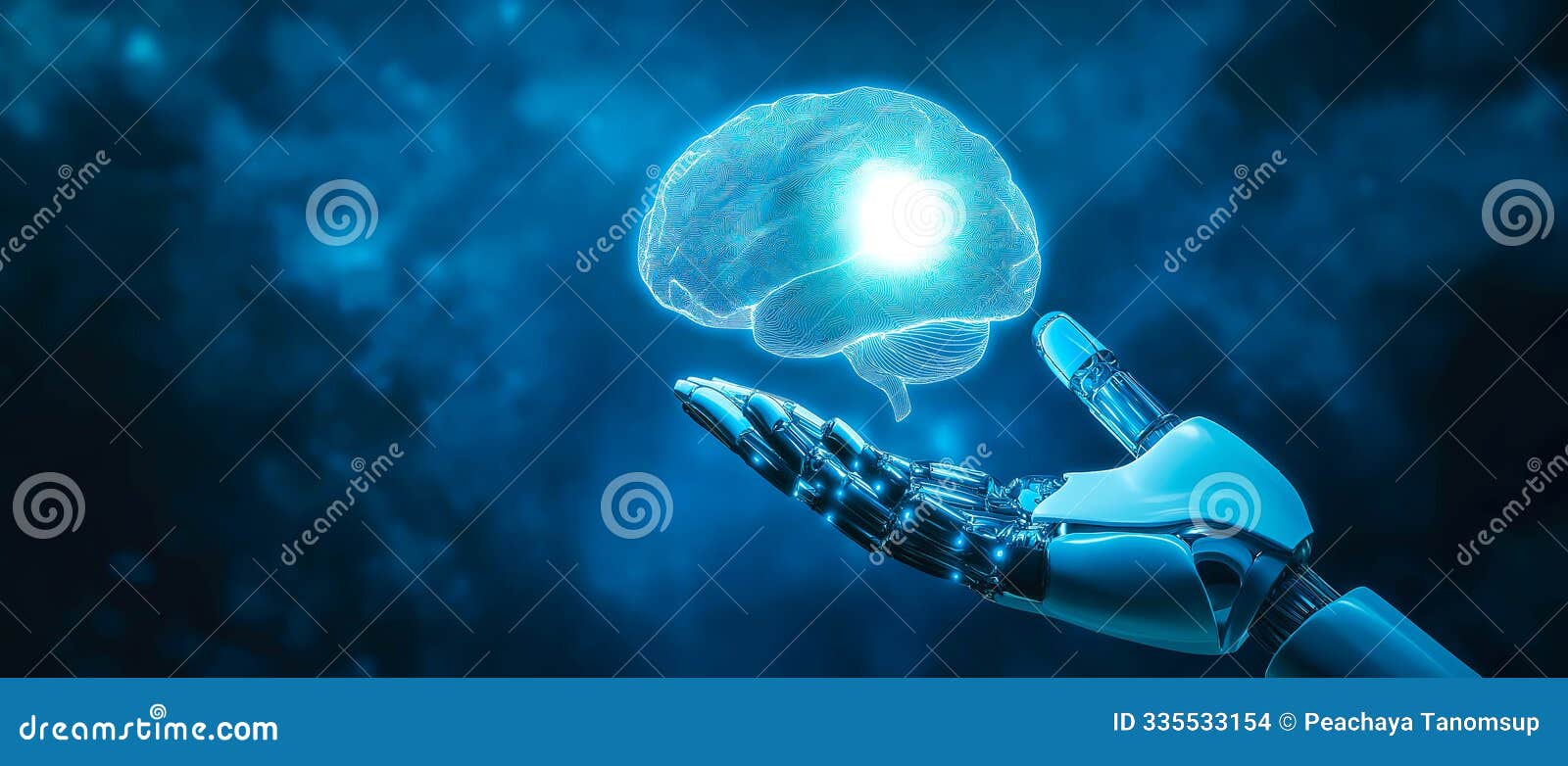 a robotic hand gently cradles a glowing brain with the shimmering neural network. generative ai