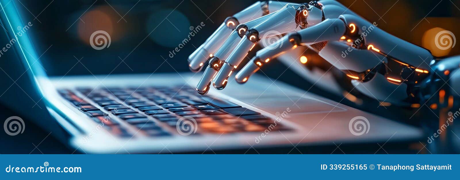 a robotic hand with glowing joints is poised over a laptop keyboard representing automation technology and the future of work