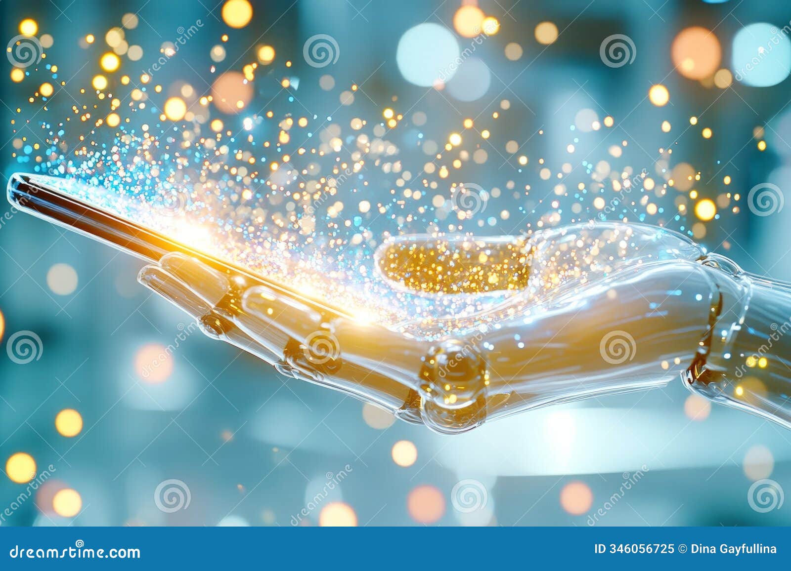 a robotic hand holding a transparent tablet with glowing holographic data floating above it