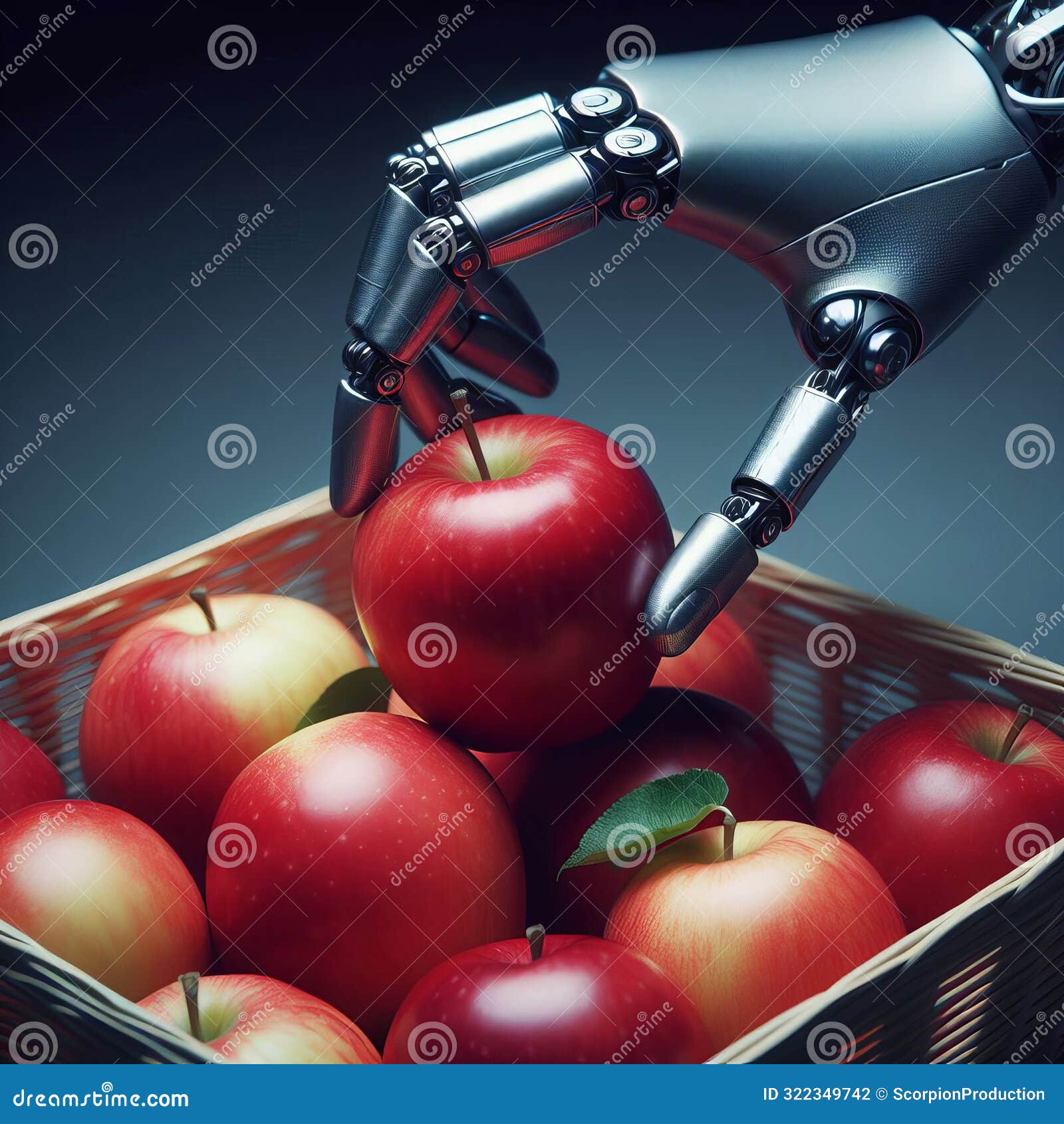 robotic hand picking fresh red apples from basket