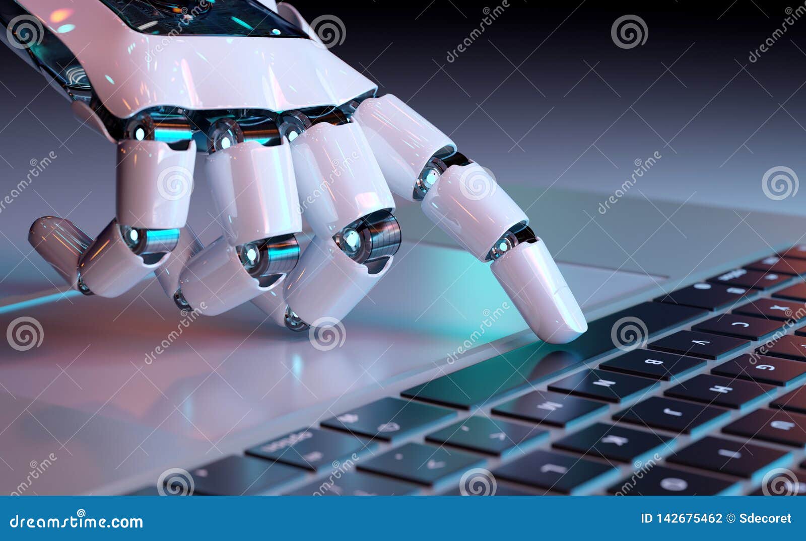 Robotic Hand Pressing a Keyboard on a Laptop 3D Rendering Stock