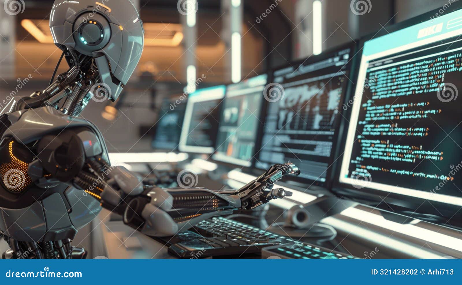 Robotic Hands Typing on a Keyboard with Multiple Screens Displaying ...