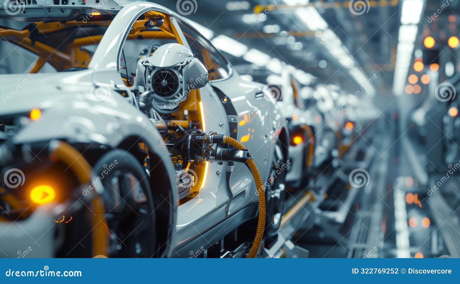 robotic machinery assembling electric car on high-tech production line