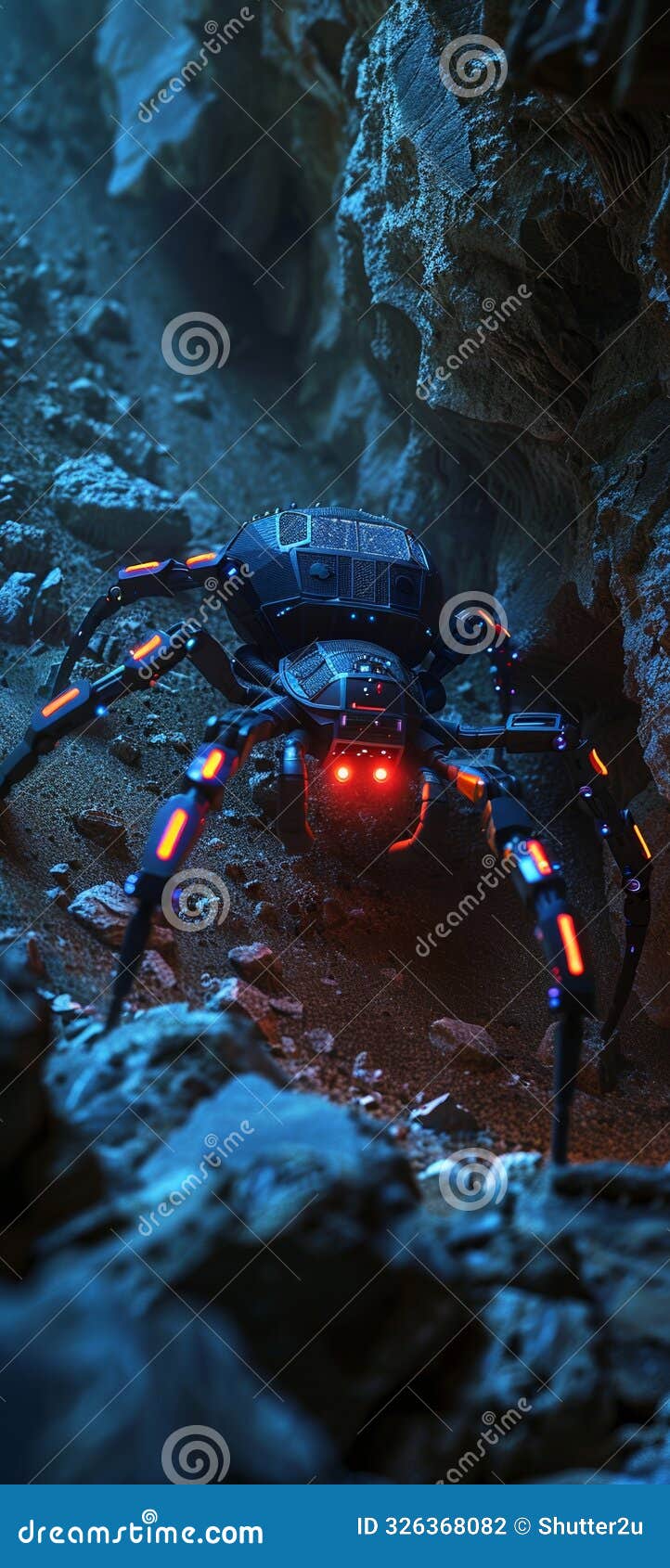 robotic spider in a cavernous setting its lights piercing the darkness revealing the caves mysterious depths