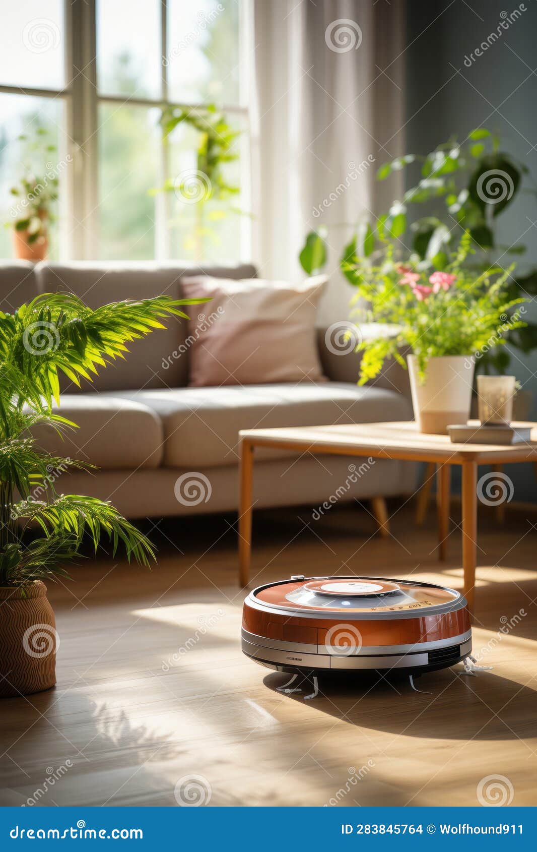 Robotic Vacuum Cleaner on Floor Cleans Up Dirt and Dust in a Room. AI