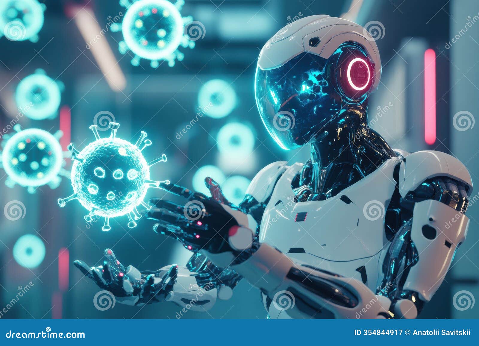 robots neutralizing viruses in a futuristic laboratory with advanced technology and glowing digital displays. generative