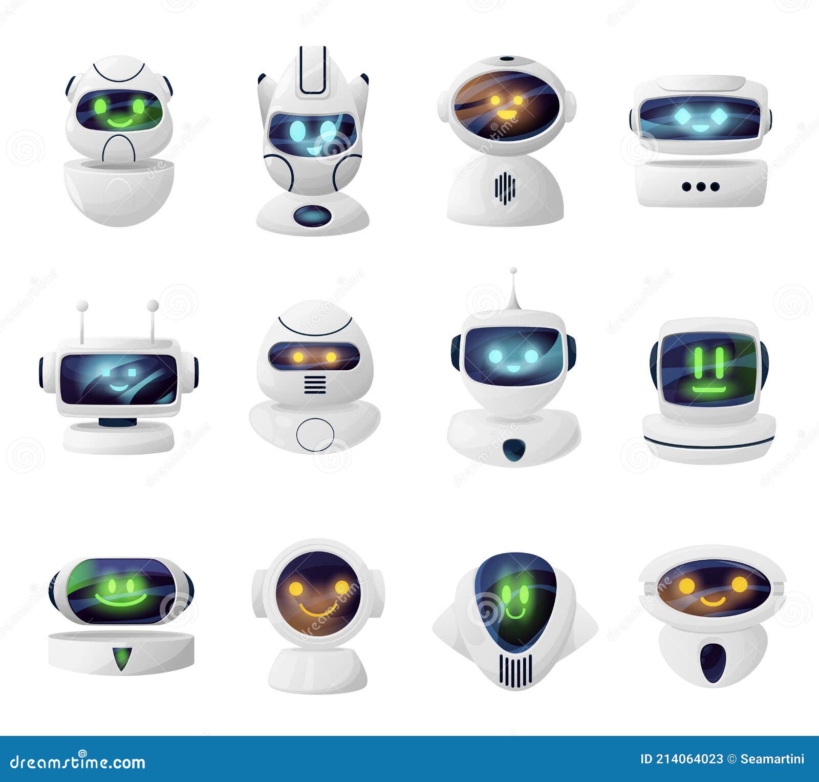 Robots, Androids Heads with Faces on Screen Vector Stock Vector