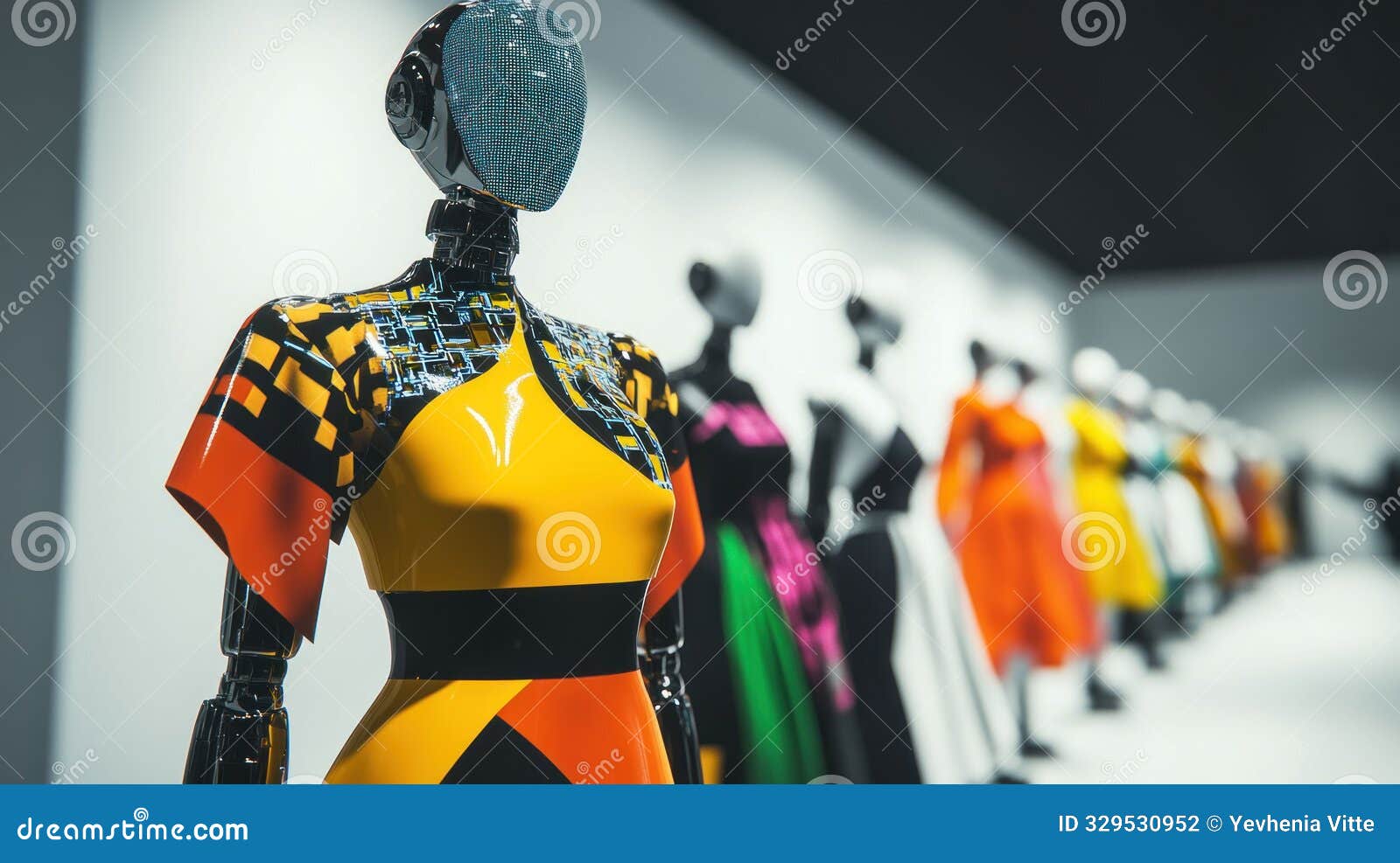 robots on a futuristic fashion runway showcasing vibrant dresses. generative ai.